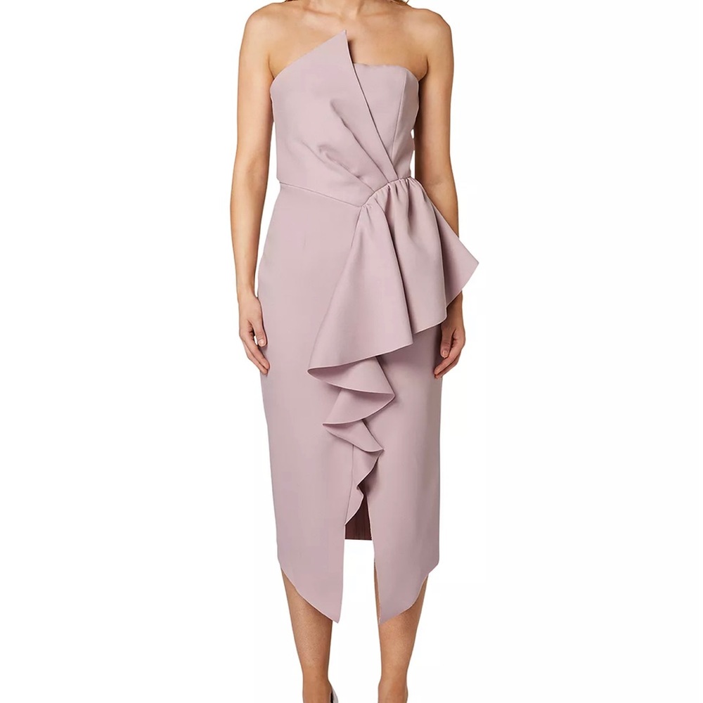 Elliatt Reception Cascade Ruffle Strapless Cocktail Dress in Small. Color Iris.